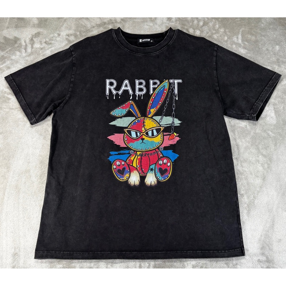 Laixton Graphic T-Shirt Mens XL Black Excellent Acid Wash Punk Rabbit Streetwear